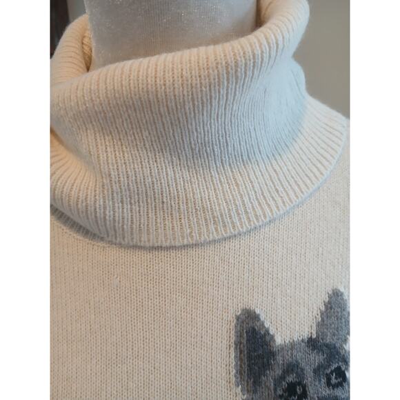 C. Wonder French Bulldog Dog Red Heart Turtleneck Off White Ivory Sweater LARGE - Picture 3 of 7